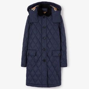 Burberry Women's Blue Detachable Hood Diamond Quilted Coat…size S…NWT